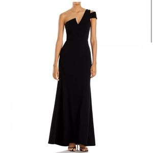 AQUA black formal dress. One shoulder. Train was hemmed. Bloomingdales